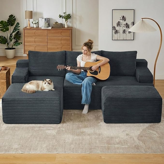 96" Cloud Sectional Couch U-Shaped Chaise with Ottoman, Corduroy Boneless Couch for Living Room Bedroom, Deep-Seat Upholstered Modular Cloud Sofa, No Assembly Required (Grey, Left Facing Chaise)