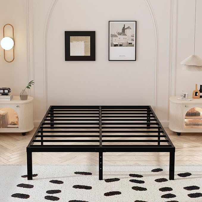 Maenizi Cal King Bed Frame with White Fabric Cover, 14 Inch Heavy Duty Metal Platform Support Up to 3000 lbs with Steel Slats, No Box Spring Needed, Easy Assembly, Noise Free, Black