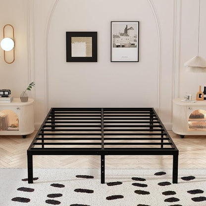 Maenizi Cal King Bed Frame with White Fabric Cover, 14 Inch Heavy Duty Metal Platform Support Up to 3000 lbs with Steel Slats, No Box Spring Needed, Easy Assembly, Noise Free, Black