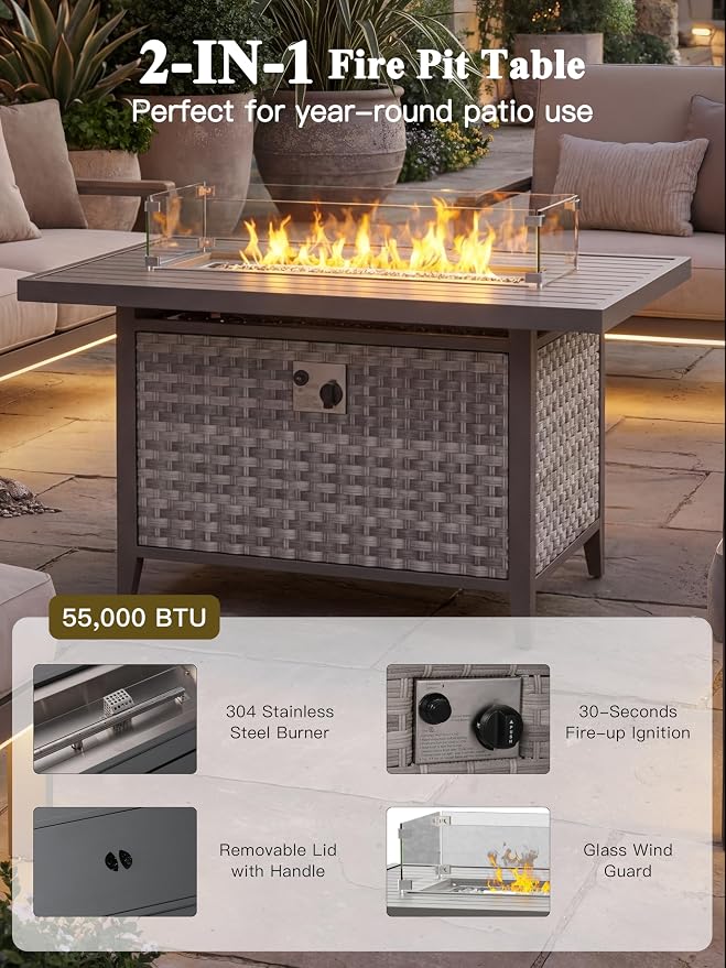 10-Piece Outdoor Conversation Set with 43" Fire Pit Table, 6 Swivel Rocking Chairs (4" Cushions) & 3 Side Tables, All-Weather PE Rattan & Steel Frame for Porch, Deck, Backyard, Turquoise