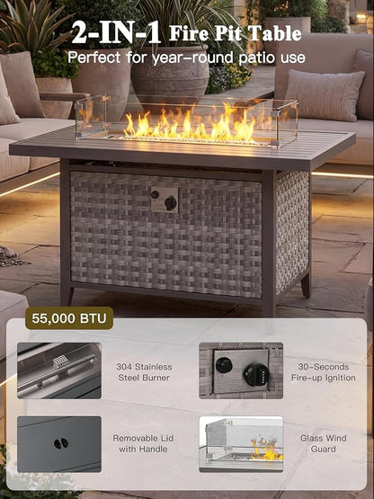 10-Piece Outdoor Conversation Set with 43" Fire Pit Table, 6 Swivel Rocking Chairs (4" Cushions) & 3 Side Tables, All-Weather PE Rattan & Steel Frame for Porch, Backyard, Charcoal Gray