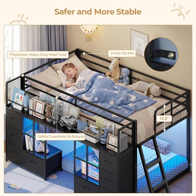 BTHFST Low Bunk Bed Twin Over Twin with 8 Fabric Drawers & Bookshelf, Twin Bunk Beds with RGB LED Lights, Windows, Metal Bunk Beds for Kids with Slanted Ladder & Safety Guardrails, Space Saving, Black