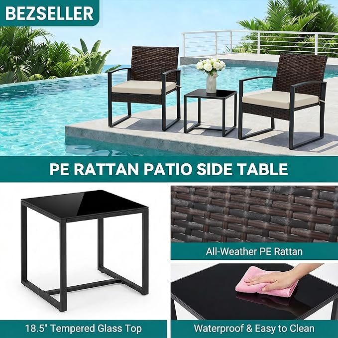 Bezseller 3 Pieces Patio Furniture Set, Outdoor Rattan Bistro Set with Coffee Table, Durable Steel Frame with Strapped Cushions for Garden, Balcony, Poolside, Backyard