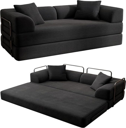 Cloud Boneless Convertible Sofa Bed, 5-in-1 Foldable Compressed High-Density Sponge Sofa, 70" Corduroy Fabric 2 Seater Sleeper Couch Futon Daybed for Living Room Bedroom (Black)