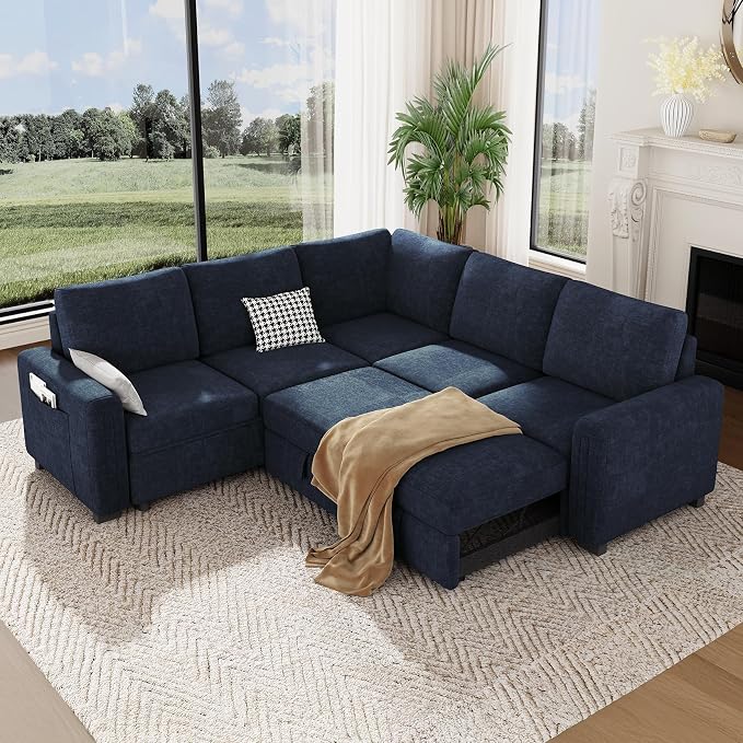 Vesgantti 88.4" Sleeper Sectional Couch with Pull Out Bed, 5 Seater L Shaped Modular Sectional Sofa with Storage, Comfy Chenille Modular Sofa for Living Room, Bedroom, Apartment, Blue