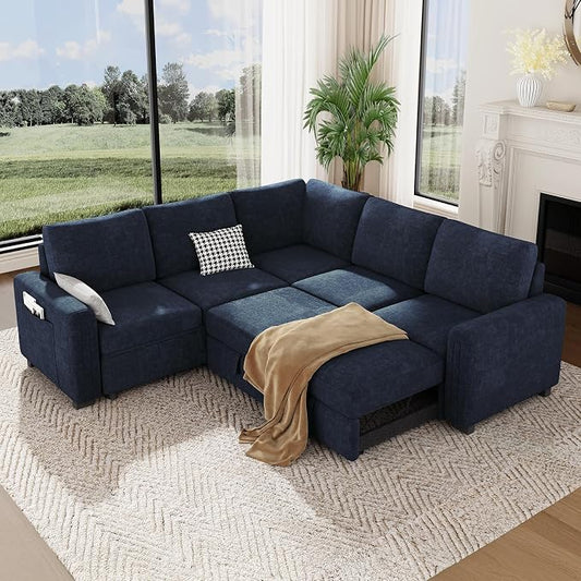 Vesgantti 88.4" Sleeper Sectional Couch with Pull Out Bed, 5 Seater L Shaped Modular Sectional Sofa with Storage, Comfy Chenille Modular Sofa for Living Room, Bedroom, Apartment, Blue