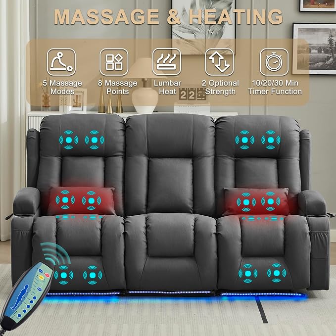 URRED Power Loveseat Recliner Sofa with Massage and Heat, Wall Hugger Reclining Loveseat with Console, RV Couch Home Theater Seating with LED Lights for Living Room (Gray, 76.8" - 3 Seats)