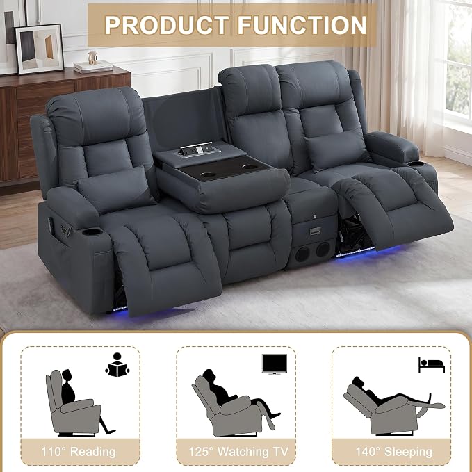 URRED Power Loveseat Recliner Sofa with Massage and Heat, Wall Hugger Reclining Loveseat with Console, RV Couch Home Theater Seating with LED Lights for Living Room (Blue Grey, 89.8" - 3 Seats)
