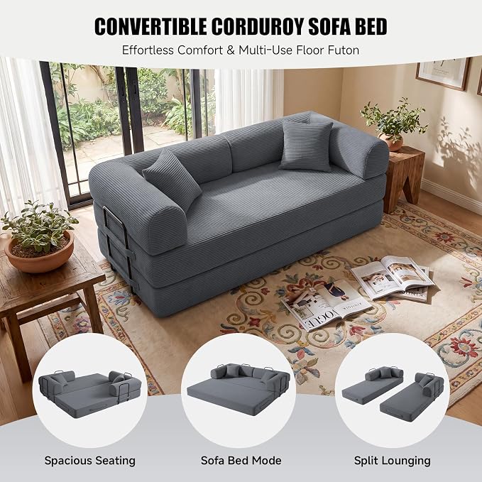 79" Convertible Sleeper Sofa Bed, Corduroy Boneless Fold-Out Couch in a Box, 4-in-1 Loveseat/Futon Couch, High-Density Foam, No Assembly, Side Pockets, 2 Pillows for Small Spaces, Dark Grey