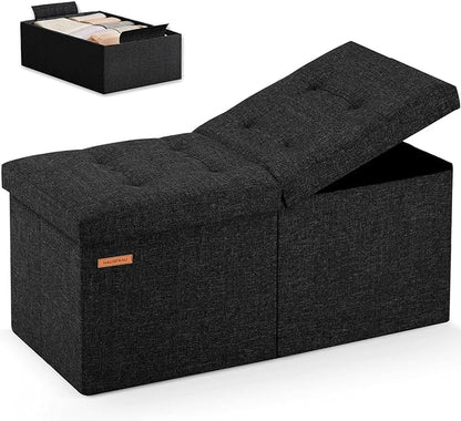 HAUSFRAU 31.5 Inches Ottoman with Storage, Folding Ottoman Bench Small Foot Rest Stool, Bedroom Bench with Flipping Lid, Linen Black