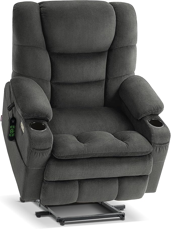 MCombo Big Man Power Lay Flat Lift Chair, Triple Motor Power Lift Recliner with Massage & Dual Heating, Adjustable Headrest, Fabric R7524 (Grey, Medium-Wide)