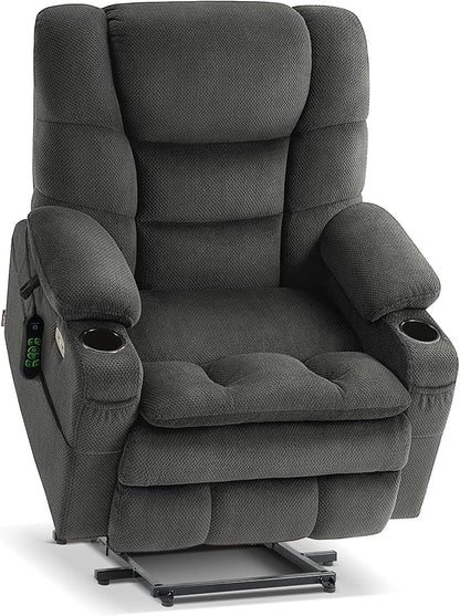 MCombo Big Man Power Lay Flat Lift Chair, Triple Motor Power Lift Recliner with Massage & Dual Heating, Adjustable Headrest, Fabric R7524 (Grey, Medium-Wide)