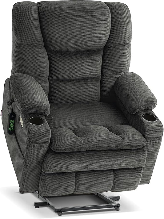 MCombo Big Man Power Lay Flat Lift Chair, Triple Motor Power Lift Recliner with Massage & Dual Heating, Adjustable Headrest, Fabric R7524 (Grey, Medium-Wide)