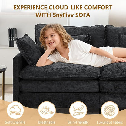 113" Chenille Modular Sectional Sofa, Convertible L Shaped Modular Sofa Comfy Cloud Couch with Ottoman, Side Pockets and 5 Throw Pillows for Living Room (Black, 113" - 5 Seats)
