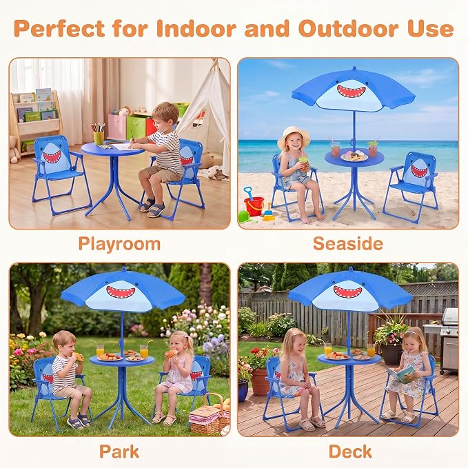 HONEY JOY Kids Picnic Table, Animal Themed Toddler Outdoor Table and Chair Set, 2 Folding Chairs & Removable Umbrella, Children Outdoor Furniture for Backyard Patio Garden (Navy Shark)