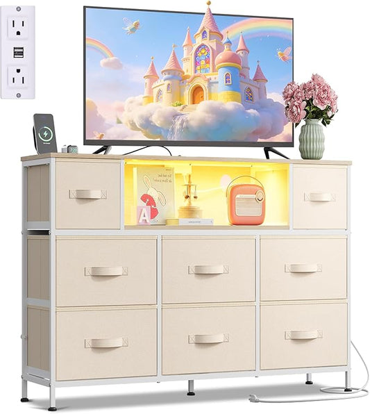 WLIVE Dresser TV Stand for 45, 50, 55 inch TV, Entertainment Center with LED Lights & Charging Station, Chest of Drawers with 8 Fabric Drawers and Open Shelves for Living Room, Hallway, Cream White