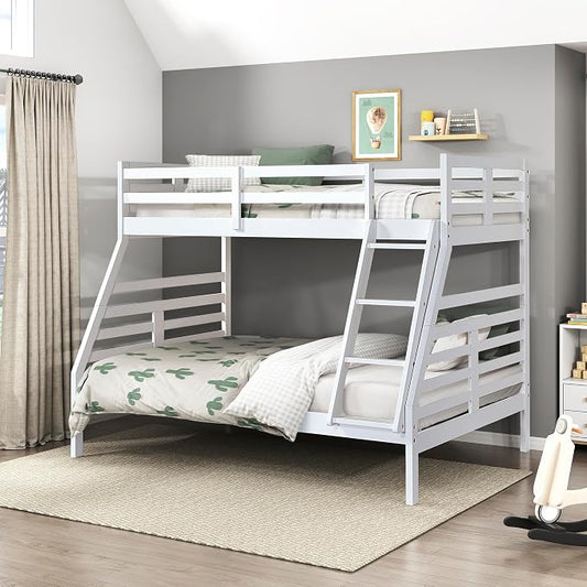 Lexicon Bunk Bed Twin Over Full, Wooden Bed Frame with Sturdy Ladder and Safety Guard Rails, Modern Space-Saving Design, for Bedroom/Guest Room, No Box Spring Needed, White