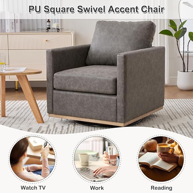 Swivel Accent Chair Set of 2, 360 Degree Square Swivel Chair for Living Room, Mid Century Modern Upholstered Barrel Chair,Comfy Sofa Armchairs for Bedroom,Nursery,PU Leather, Gray