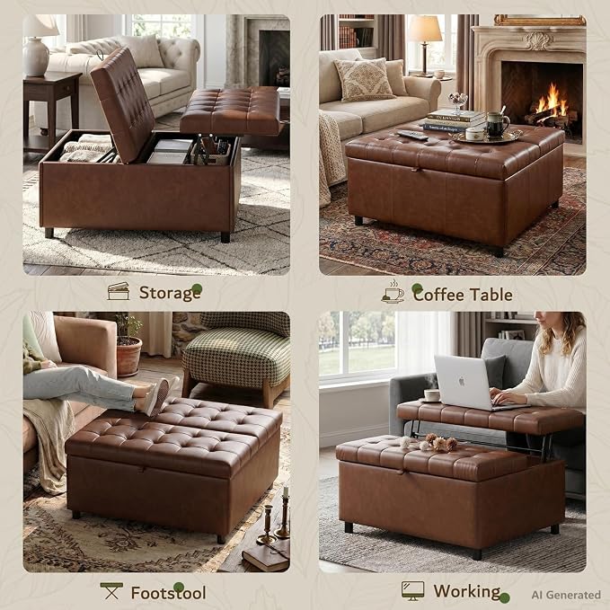 Brown Leather 36 Inch Extra Large Lift Top Living Room Storage Ottoman | LINLUX Tufted Upholstered Shoe Storage Entry Bench, Bed Benches For Foot Rest, Lift Footrest For Dorm Bedroom Office