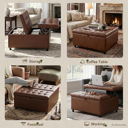 Brown Leather 36 Inch Extra Large Lift Top Living Room Storage Ottoman | LINLUX Tufted Upholstered Shoe Storage Entry Bench, Bed Benches For Foot Rest, Lift Footrest For Dorm Bedroom Office