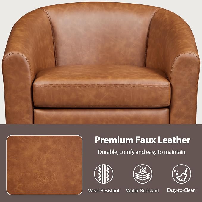Topeakmart Leather Accent Chair, PU Leather Modern Barrel Chair Club Armchair with Soft Padded for Living Room Bedroom, Brown, Set of 2