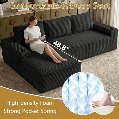 104" Cloud Sectional Couch L-Shaped with Side Pockets Cup Holders, Corduroy Boneless Couch for Living Room,Upholstered Deep-Seat Modular Sectional Sofa, No Assembly Required (Black,Left Facing Chaise)