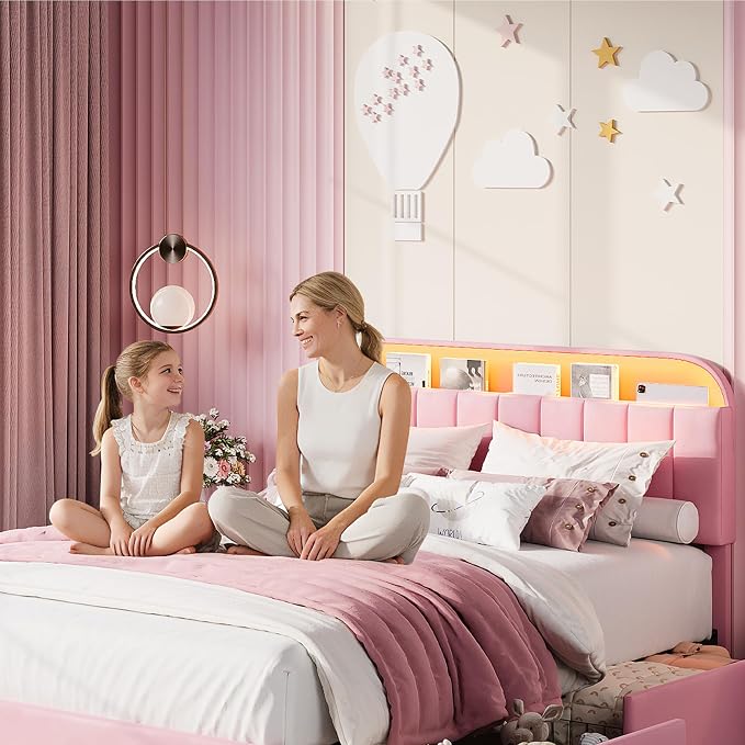 Garvee Twin XL Size Bed Frame with 2 Flexible Drawers, Velvet Upholstered Platform Bed Frame with Bookcase Headboard and LED Lights, Kids Bed for Girls, Easy Assembly, Noise Free, Pink