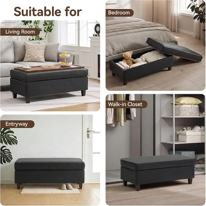 WUTUTUEE 45" Faux Leather Storage Ottoman Bench with Wooden Tray, Black Large Upholstered Foot Stool, Multifunctional Coffee Table Storage Bench with Solid Wood Legs for Living Room Bedroom Entryway