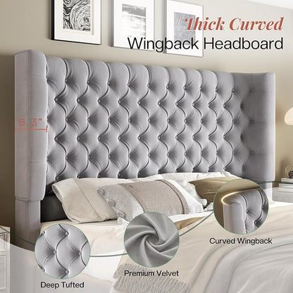 Jocisland California King Size Upholstered Bed Frame with 6.3-Inch Curved Wingback Headboard, Tufted Footboard, Wood Slats, No Box Spring Needed, Light Grey Velvet