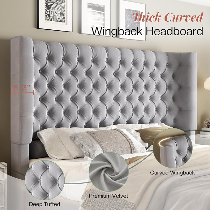 Jocisland King Size Upholstered Bed Frame with 6.3-Inch Curved Wingback Headboard, Tufted Footboard, Wood Slats, No Box Spring Needed, Light Grey Velvet