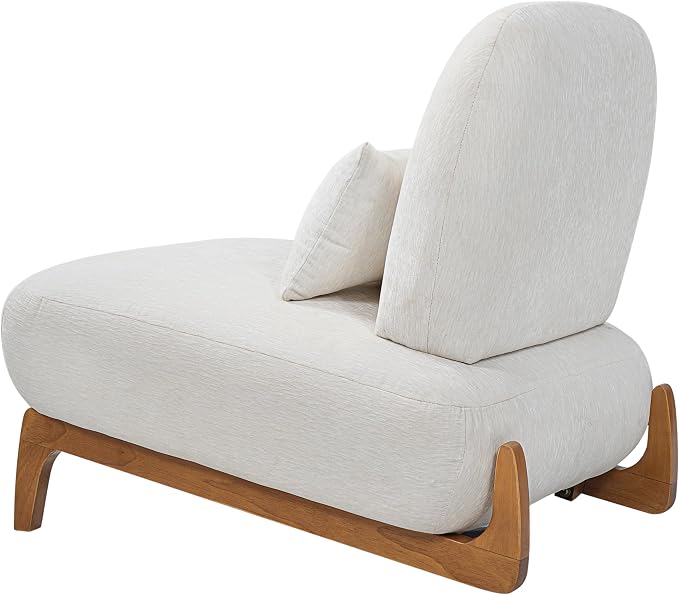 Merax Linen Accent Chair with Curved Wood Base and Lumbar Pillow, Off-White + Natural