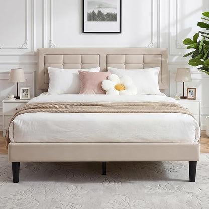 VECELO Full Size Bed Frame, Adjustable Upholstered Button Tufted Headboard, Heavy-Duty Bedframe with Wood Slats Support, No Box Spring Needed, Beige