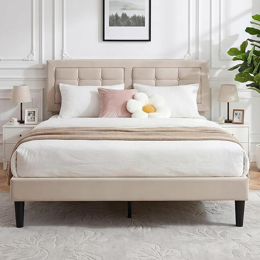 VECELO Full Size Bed Frame, Adjustable Upholstered Button Tufted Headboard, Heavy-Duty Bedframe with Wood Slats Support, No Box Spring Needed, Beige
