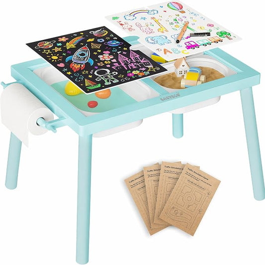 Easyego Sensory Table for Toddlers Kids Play Wooden Sand Water Table with Double-Sided Board & Foldable Storage Bins for Indoor and Outdoor Use, Birthday Gifts for Boys and Girls - Sky Blue