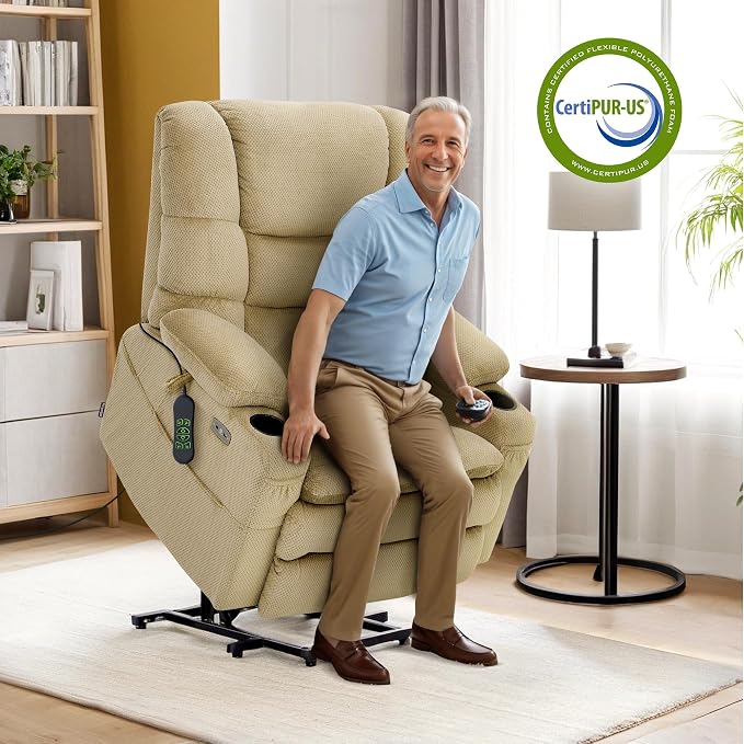 MCombo Big Man Power Lay Flat Lift Chair, Triple Motor Power Lift Recliner with Massage & Dual Heating, Adjustable Headrest, Fabric R7635 (Beige, Large-Wide)