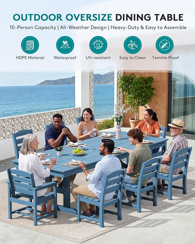 SERWALL 9 Piece 84" HDPE Outdoor Dining Set with 6 Armless Chairs, 2 Armchairs and Umbrella Hole for 8, Blue