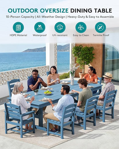 SERWALL 9 Piece 84" HDPE Outdoor Dining Set with 6 Armless Chairs, 2 Armchairs and Umbrella Hole for 8, Blue