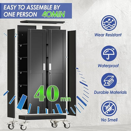 73.6" Metal Garage Storage Cabinet with Wheels and Locking Doors | Tall Rolling Steel Tool Cabinet with 5 Adjustable Shelves for Garage,Home Office(Black, 73.6''H x 35.4''W x17.7''D)