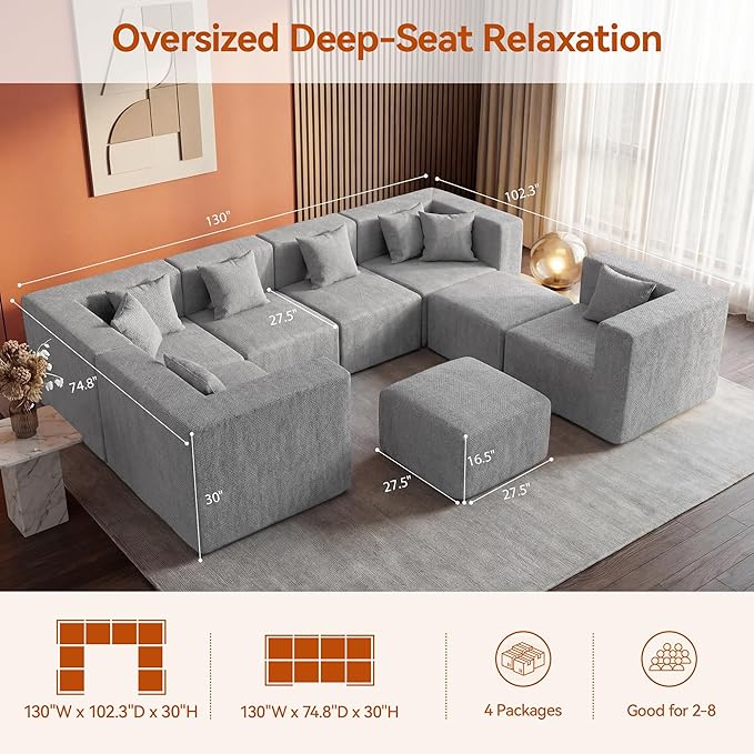 MONVANE Modular Sectional Sofa, Oversized 8 Seat Convertible U Shaped Couch with Ottoman, Comfy Chenille Cloud Couch with Deep Seat, Sectional Couches for Living Room, No Assembly Required, Light Grey