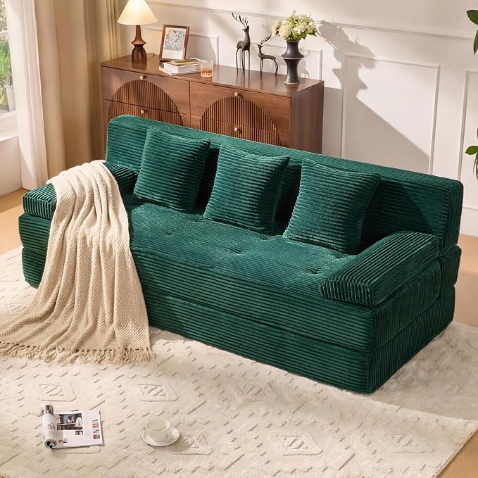 78.7IN Folding Sofa Bed - Convertible Sleeper Sofa Couch with Zippered Pillows, 3 Seater Couches Bed for Living Room, Bedroom, Apartment, No Assembly Required, Freestanding, Corduroy, Green