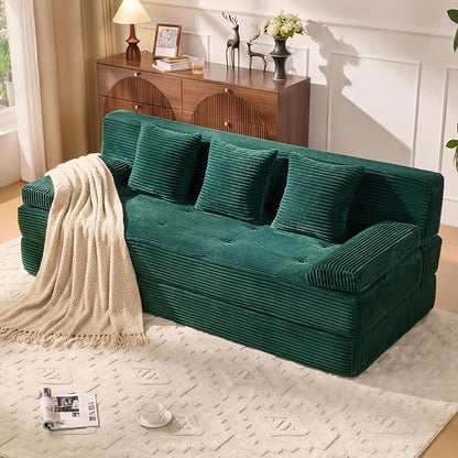 78.7IN Folding Sofa Bed - Convertible Sleeper Sofa Couch with Zippered Pillows, 3 Seater Couches Bed for Living Room, Bedroom, Apartment, No Assembly Required, Freestanding, Corduroy, Green