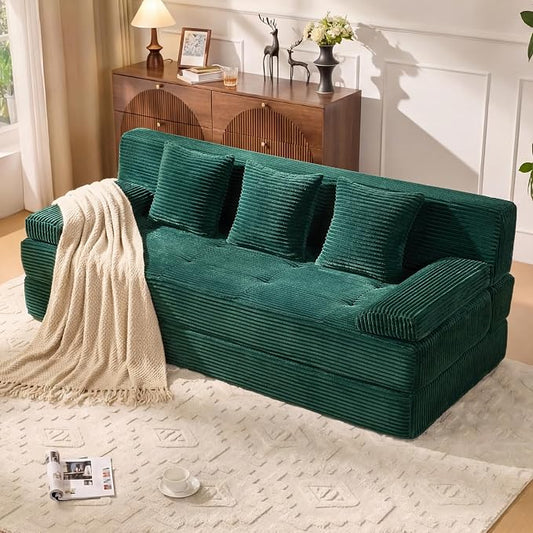 78.7IN Folding Sofa Bed - Convertible Sleeper Sofa Couch with Zippered Pillows, 3 Seater Couches Bed for Living Room, Bedroom, Apartment, No Assembly Required, Freestanding, Corduroy, Green