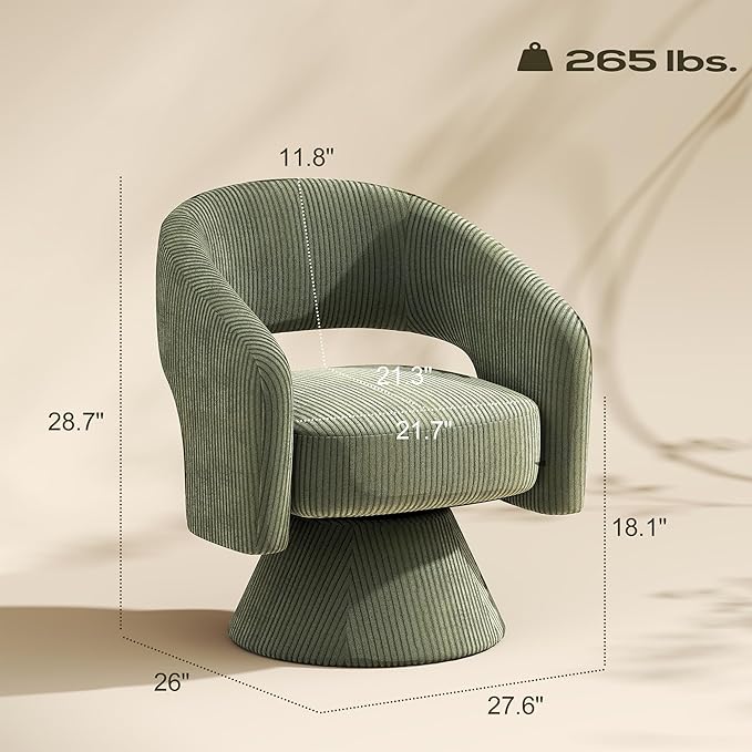 HOMCOM 360° Swivel Accent Chair, Corduroy Upholstered Barrel Chair, Modern Armchair with Thick Padding for Living Room, Bedroom, Reading Room, Green