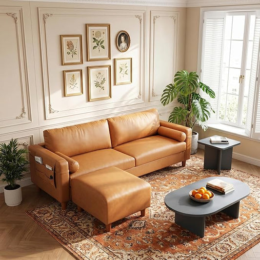 Vesgantti 100" Faux Leather Sofa with Movable Ottoman, Wide Seating L Shaped PU Leather Couch with Side Pocket, Comfy Mid Century Modern Modular Sectional Sofa for Living Room, Office, Camel
