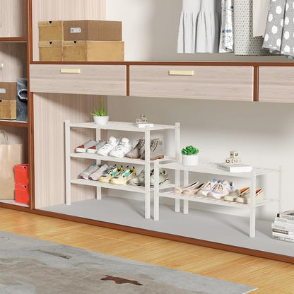 ROMGUAR CRAFT 2 Tier Bamboo Shoe Rack for Closet Free Standing Wood Shoe Shelf for Entryway Small Space Stackable 27"x11"x13" (White)