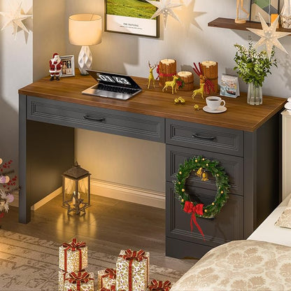 Vabches Farmhouse Executive Desk with Storage and Ample File Drawer, Rustic Large Home Writing Desk for Bedroom, Dark Brown