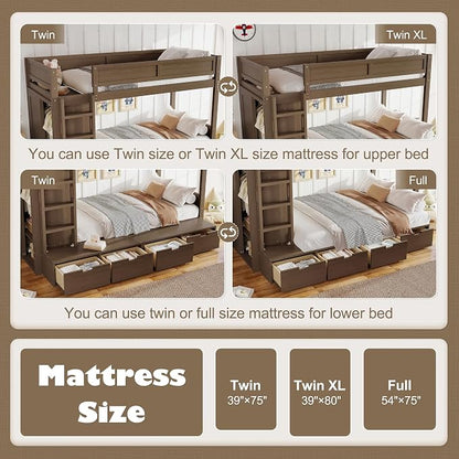 Bellemave Twin Over Twin Bunk Bed with Storage Drawers,Solid Wood Bunk Bed with Built-in Wardrobe,Storage Shelf and Safety Guardrails for Kids Girls Boys,Brown