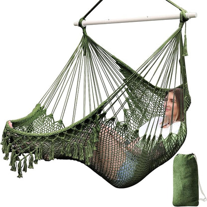 Chihee Hammock Chair Handmade Hanging Chair Cotton Rope Woven Hanging Seat Soft-Spun Large Stretch Hammock Swing, Collapsible Strong Metal Spreader Bar Elegant Macrame Comfort Indoor Outdoor Garden