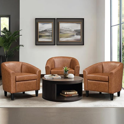 Topeakmart Leather Accent Chair, PU Leather Modern Barrel Chair Club Armchair with Soft Padded for Living Room Bedroom, Brown, Set of 2