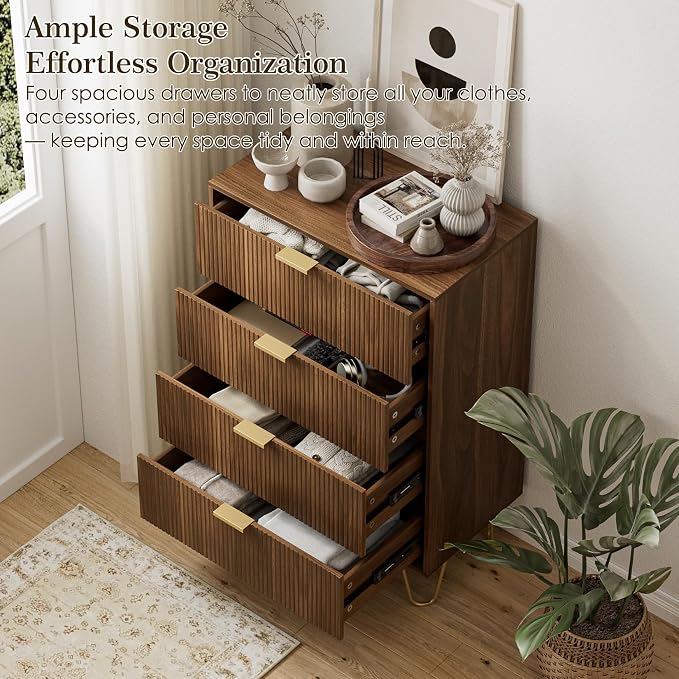 Masupu 4 Drawer Dresser, Drawer Chest, Tall Storage Dresser Chest Cabinet Organizer Unit with Gold Metal Legs, Nightstand for Bedroom, Living Room, Closet, Hallway Walnut Stripe